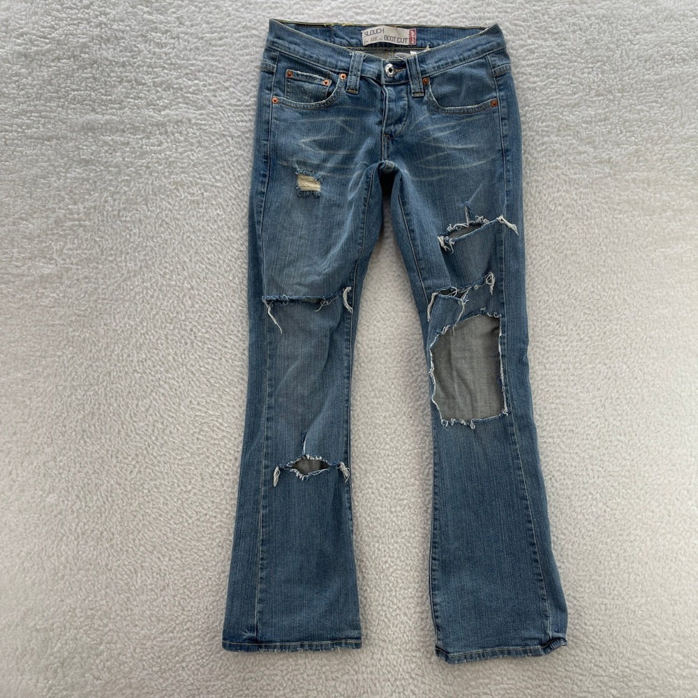 VTG Levis 513 Jeans Womens 1M 28x31 Blue Slouch Bootcut Distressed Grunge Y2K